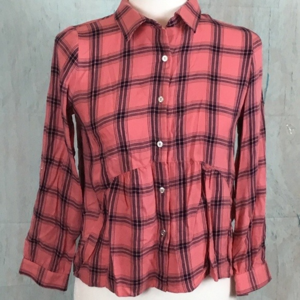 Copper Key Plaid Button Down Pink High Low Blouse